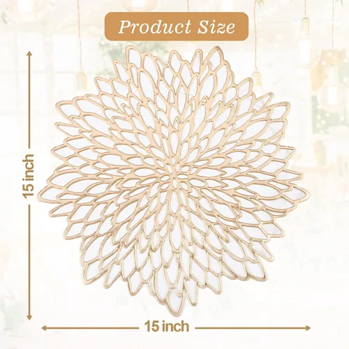 Vista 7 de AdasBridal Juego de 6 manteles individuales redondos dorados para mesa de comedor, manteles individuales de vinilo huecos para decoración de mesa