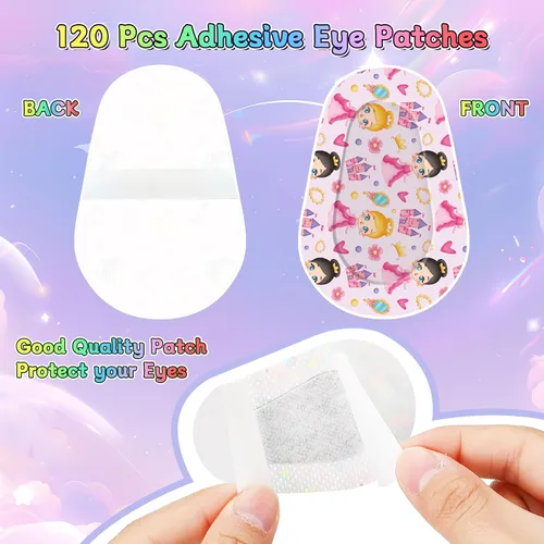 Vista 5 de 120 parches adhesivos para los ojos para niños, parches de ojos para niñas 15 estilos con 8 piezas cada uno, algodón suave transpirable a granel