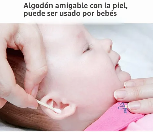 Vista 4 de Hisopos de algodón, Q Tips, 100 capullos de algodón natural, puntas de algodón de doble punta envueltas individualmente para orejas, cuidado