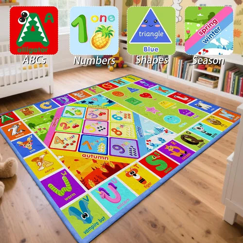 Vista 2 de 3x5 Pequeña Alfombra para Sala de Juegos y Aula de Niños - Alfombra Educativa del Alfabeto ABC con Animales, Números y Formas - Alfombra de Juguetes