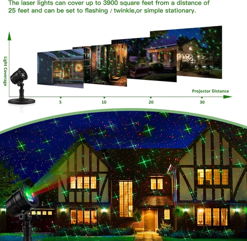 Vista 6 de Proyector de Luces de Navidad para Exteriores, Luces Láser LED de Navidad, Foco de Paisaje, Espectáculo de Estrellas Rojas y Verdes, Impermeable