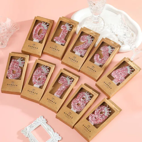 Vista 4 de PHD CAKE Velas con números de cumpleaños, velas de cumpleaños de corona rosa para pastel, velas con purpurina número 0 con lentejuelas para niñas