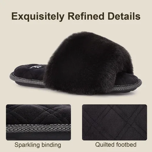 Vista 4 de LongBay Pantuflas de espuma viscoelástica de piel sintética para mujer, cómodas y planas, con puntera abierta, cómodas sandalias de casa