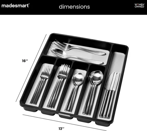 Vista 5 de madesmart Bandeja grande de cubiertos, organizador de cubiertos de 6 compartimentos para tenedores, cuchillos y cucharas, antideslizante, forro