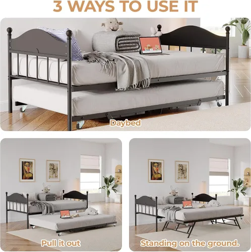Vista 4 de IDEALHOUSE Sofá cama individual de metal con nido desplegable, cama de plataforma de listones de acero resistente con cabecera elegante, marco