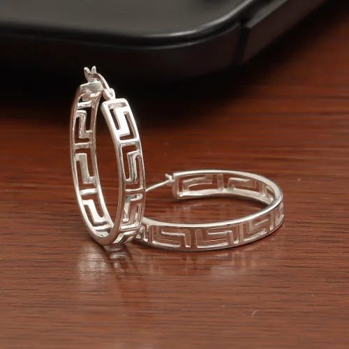 Vista 4 de LeCalla Aretes de aro de plata de ley 925 con llave griega, ligeros, con parte superior de clic, patrón de corte de pared griega para mujer Pared