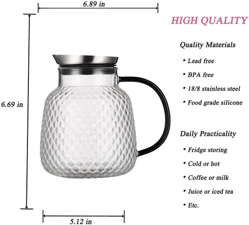 Vista 3 de Purefold Jarra de vidrio de 40 onzas "Serie Piña" con tapa de acero inoxidable, jarra para agua fría/caliente para café, limonada, té solar helado