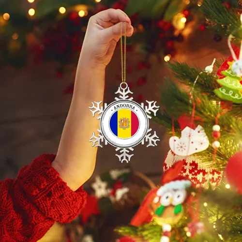 Vista 6 de Adornos de Navidad de Andorra, bandera nacional de Andorra, suministros de fiesta de Navidad, recuerdo de la ciudad, copo de nieve de metal, adorno