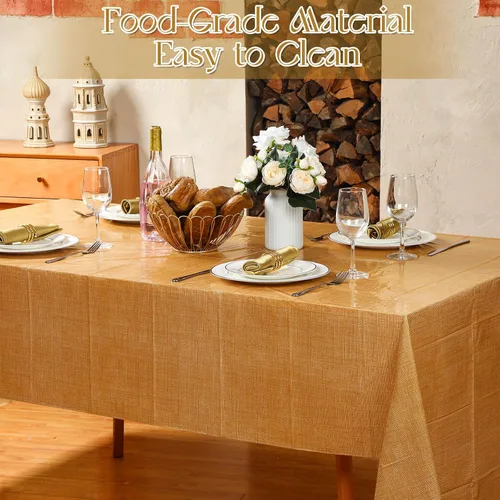 Vista 3 de Preboun Mantel con estampado de arpillera de 3 piezas, mantel rústico de granja, rectangular, impermeable, para fiestas al aire libre, hogar