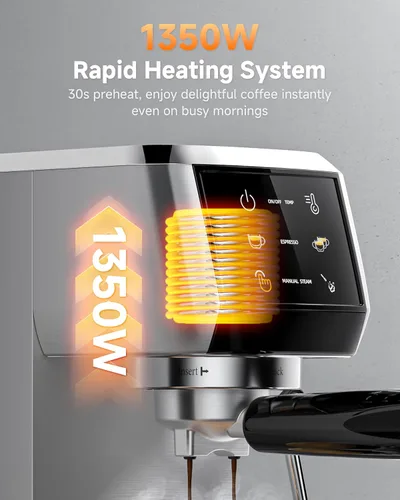 Vista 5 de AMZCHEF Máquina de café expreso de 20 bares: cafetera profesional con espumador de leche, temperatura y presión ajustables, cafetera compacta