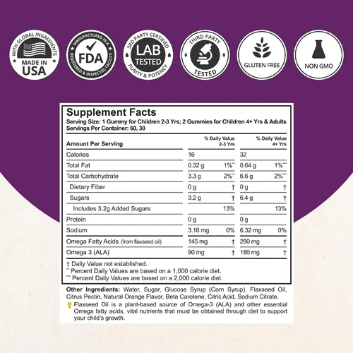 Vista 5 de NuBest Gomitas de Omega 3 para niños y adolescentes con aceite de linaza Apoya el crecimiento cerebral, claridad mental, enfoque y salud ocular