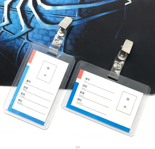 Vista 5 de 50 piezas de soporte transparente para tarjetas de identificación, correa de plástico con broche y ojal, clip de vinilo transparente para tarjetas