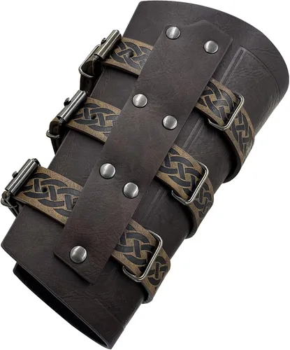 Vista 4 de HiiFeuer Brazaletes de cuero sintético medieval vintage, hebilla retro que sujeta los protectores de brazos mercenarios, guanteletes de caballero