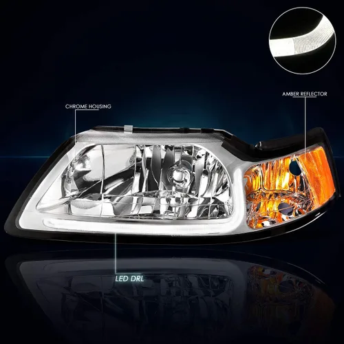 Vista 2 de PM PERFORMOTOR Faros delanteros de proyector de luz LED en forma de L de esquina ámbar de carcasa cromada compatibles con 99-04 Mustang