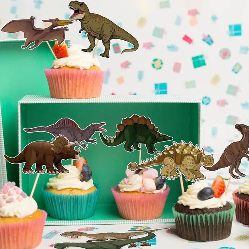 Vista 6 de 48 piezas de decoración de cupcakes de dinosaurio rugido dinosaurio decoración de pastel de cumpleaños para temática de dinosaurio, suministros