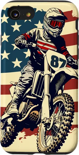 Vista 18 de Funda vintage para iPhone 16 Motocross Rider Dirt Bike con bandera estadounidense