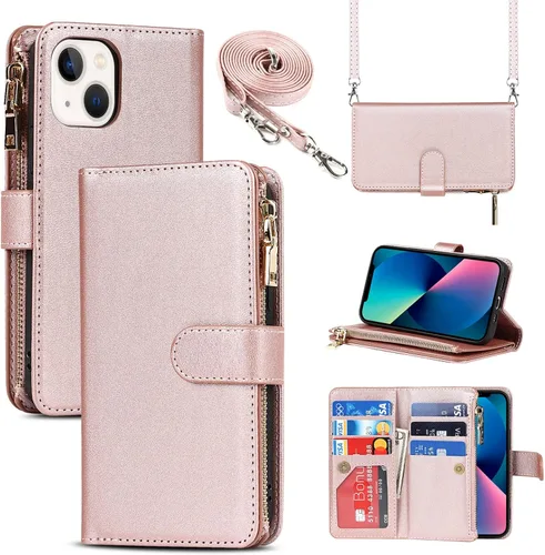 Vista 11 de Funda Cartera para iPhone 13/14 con Tarjetero, Funda Cruzada con Correa para el Hombro, Bolsillo con Cremallera Cartera de Cuero PU para iPhone 13