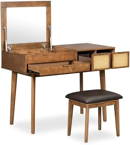 Vista 8 de Escritorio de tocador de 43.3 pulgadas con espejo abatible y taburete, moderno juego de mesa de maquillaje con 3 cajones, juego de tocador