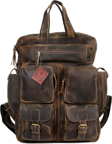 Vista 2 de Mochila vintage de cuero de búfalo con múltiples bolsillos para hombres y mujeres