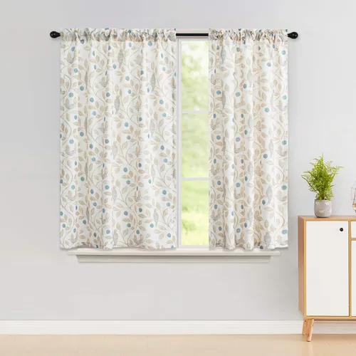 Vista 41 de VOGOL Cortinas con estampado de pájaros campestres, 30 x 24 pulgadas, 2 paneles, beige Linen Look Texture, Decorative Small Window Treatment