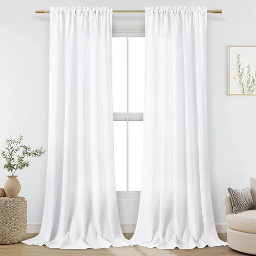 Vista 66 de Cortinas de lino verde aguamarina de 84 pulgadas de largo, juego de 2 paneles semitransparentes con bolsillo para barra para comedor, decoración