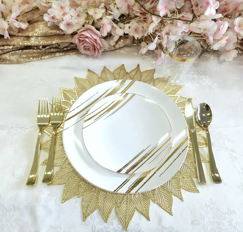 Vista 4 de Paquete de 10 manteles individuales metálicos de vinilo prensado/mantel individual decorativo de boda (Dhalia-dorado mate)