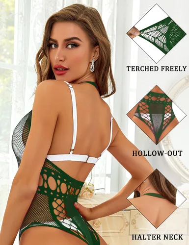Vista 4 de RSLOVE Lencería para mujer sexy de encaje body de red de una pieza de malla en V profundo babydoll