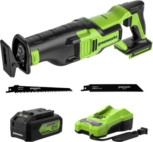 Vista 11 de Greenworks Sierra Recíproca Compacta de Una Mano sin Escobillas de 24V de 1" (3,000 SPM), Sierra Recíproca Inalámbrica de Velocidad Variable