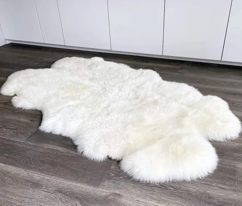 Vista 125 de HUAHOO Alfombra de piel de oveja genuina prémium Negra Real de Australia Piel de oveja natural de lujo, alfombra esponjosa de lana de cordero