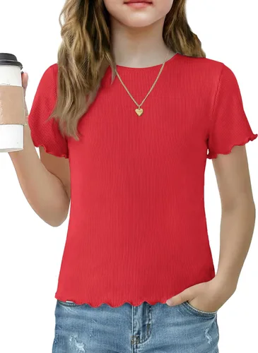 Vista 9 de Arshiner Camisas de manga corta con ribete de lechuga para niñas, camisetas de verano acanaladas con cuello redondo Blanco