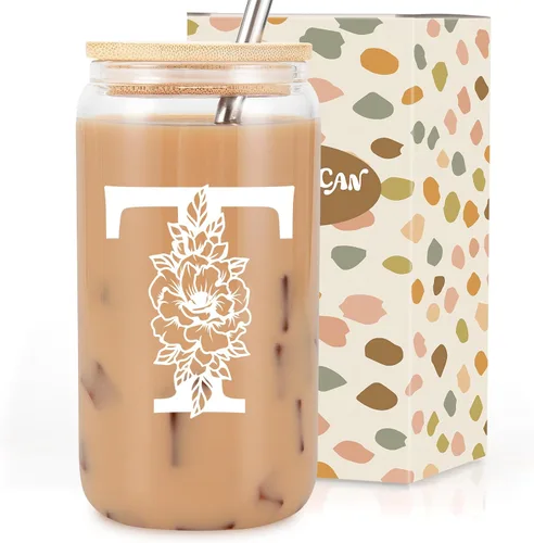 Vista 21 de Taza de Vidrio Inicial Coolife, Regalos Personalizados para Mujeres, Tazas de Vidrio de 16 oz con Tapas y Popotes, Taza para Café Helado, Licuado