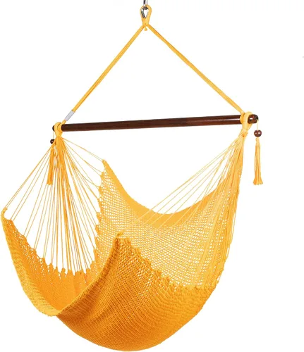 Vista 7 de Larga silla hamaca grande caribeña con reposapiés, 48 pulgadas, poliéster, silla de colgar., Mocha