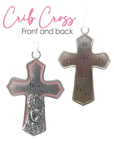 Vista 2 de Decoración de cruz de cuna rosa para bebé niña con cinta
