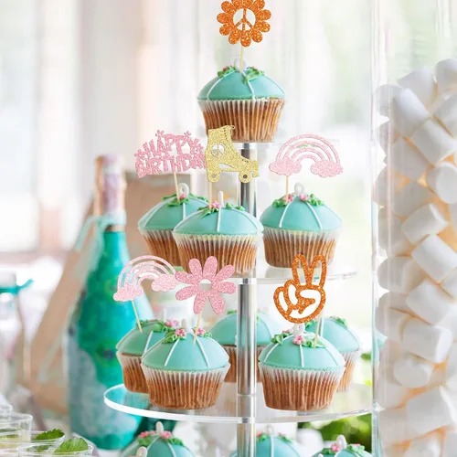 Vista 5 de Gyufise 24 piezas de decoración hippie para cupcakes con purpurina de los años 60, retro, bohemio, flor, sol, paz, mano, dos geniales selecciones