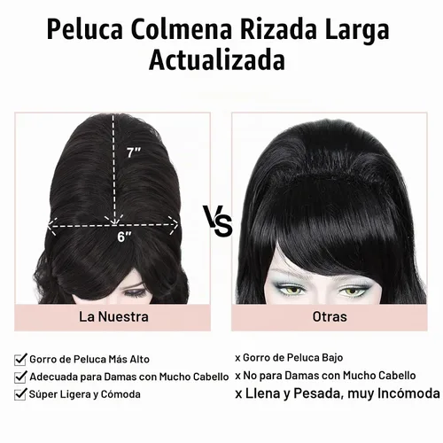 Vista 3 de Peluca negra de colmena grande y rizada para mujer, disfraz de Halloween de Negro