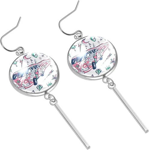 Vista 2 de Retro Hippie Car Love Bus Mini Van Sun Yin Yang Alien Dangle Drop Earrings for Women Girls, Fashion Jewelry Gift for Women, Birthday Christmas Gifts