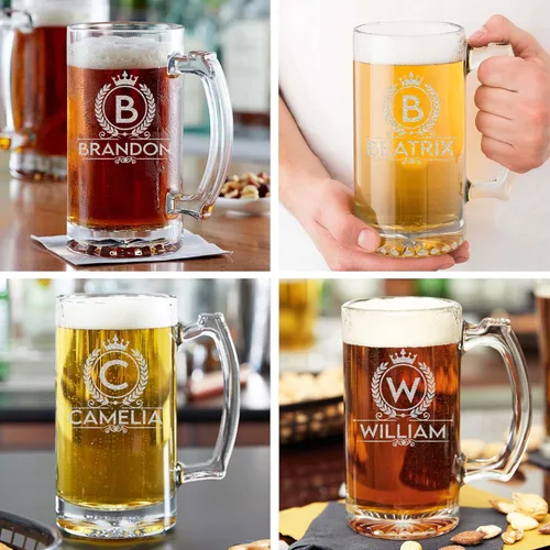 Vista 7 de Tazas de cerveza personalizadas con monograma con nombre grabado, aniversario, boda, inauguración de la casa (12 onzas)