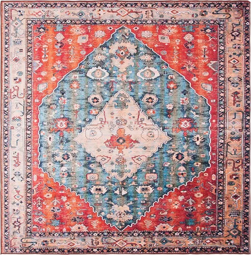 Vista 6 de SAFAVIEH Alfombra lavable Tucson Collection - 2 pies 6 pulgadas x 4 pies, beige y azul, antideslizante y fácil de limpiar, ideal para sala de estar