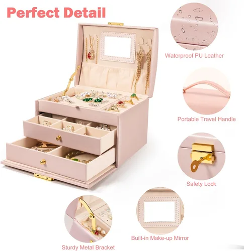 Vista 3 de Aioguisn Joyeros para niñas y mujeres, cajas de joyería de cuero de 3 capas y organizadores para niñas, joyero de viaje con espejo y cerradura