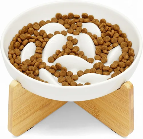 Vista 8 de Cuenco elevado de cerámica para gatos de alimentación lenta, peces, antivómitos, rompecabezas para gatos y perros de tamaño pequeño Verde