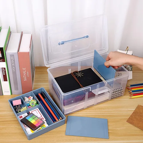 Vista 3 de BTSKY - Caja de almacenamiento de 2 capas de plástico transparente con bandeja extraíble, caja organizadora multiuso para papelería con asa, caja