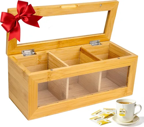 Vista 8 de Organizador de bolsas de té, soporte para bolsas de té de bambú, con tapa magnética y ventana, 4 compartimentos para almacenamiento de bolsas de té