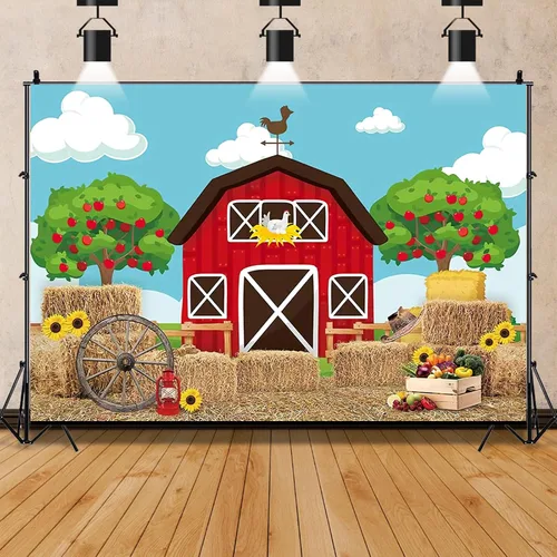 Vista 8 de Telón de fondo rojo de granero para niños, decoración de fiesta de cumpleaños, dibujos animados de animales de granja, granero, fondo de fotografía