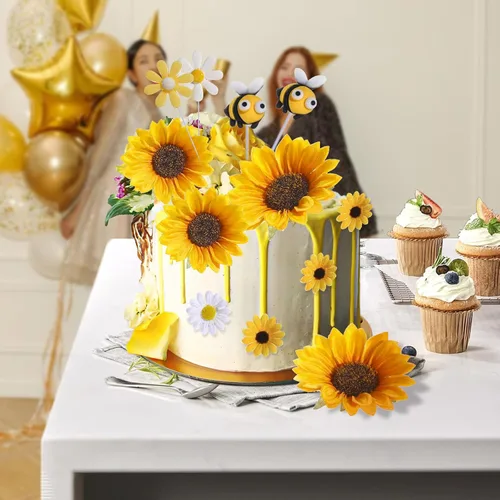 Vista 2 de RAYNAG 44 decoraciones para pasteles de abeja y girasol, juego de adornos de pastel de abeja de girasol para decoraciones de fiesta de cumpleaños