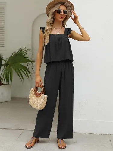 Vista 4 de AUTOMET Womens 2 Piece Outfits Tracksuits Lounge Matching Sets Two Piece Linen Pants Ruffle Shoulder Trendy Clothes 2023