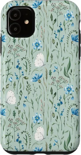 Vista 6 de Funda para iPhone 12 mini Azul y Verde Wildflower Butterfly Meadow Botanical (Sage)