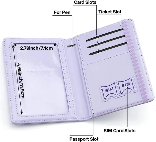 Vista 5 de Soporte para pasaporte y tarjetero de vacuna, cartera para pasaporte, funda para pasaporte con bloqueo RFID, Púrpura, Compacto