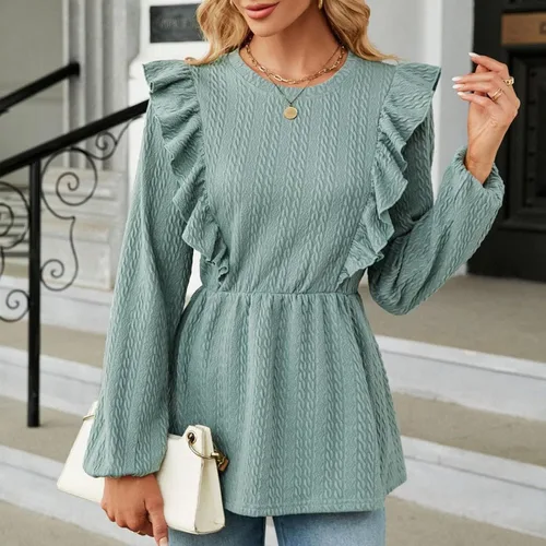 Vista 6 de Camiseta de manga larga suelta con cuello cuadrado de color sólido para otoño e invierno 2023 para mujer