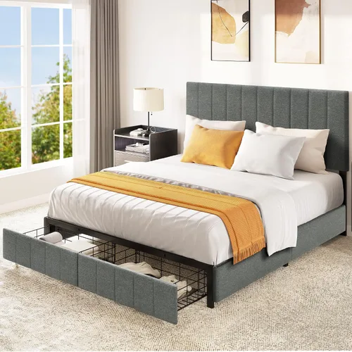 Vista 11 de YITAHOME Base de cama tamaño Queen con cabecera ajustable, 4 cajones de almacenamiento y luces LED RGB, cama de plataforma tapizada de terciopelo
