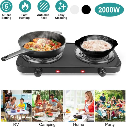 Vista 2 de Placa Caliente Eléctrica, Quemador de Encimera Portátil de 2000 W, Placa de Doble Bobina con Control Dual y Control de Temperatura de 5 Niveles